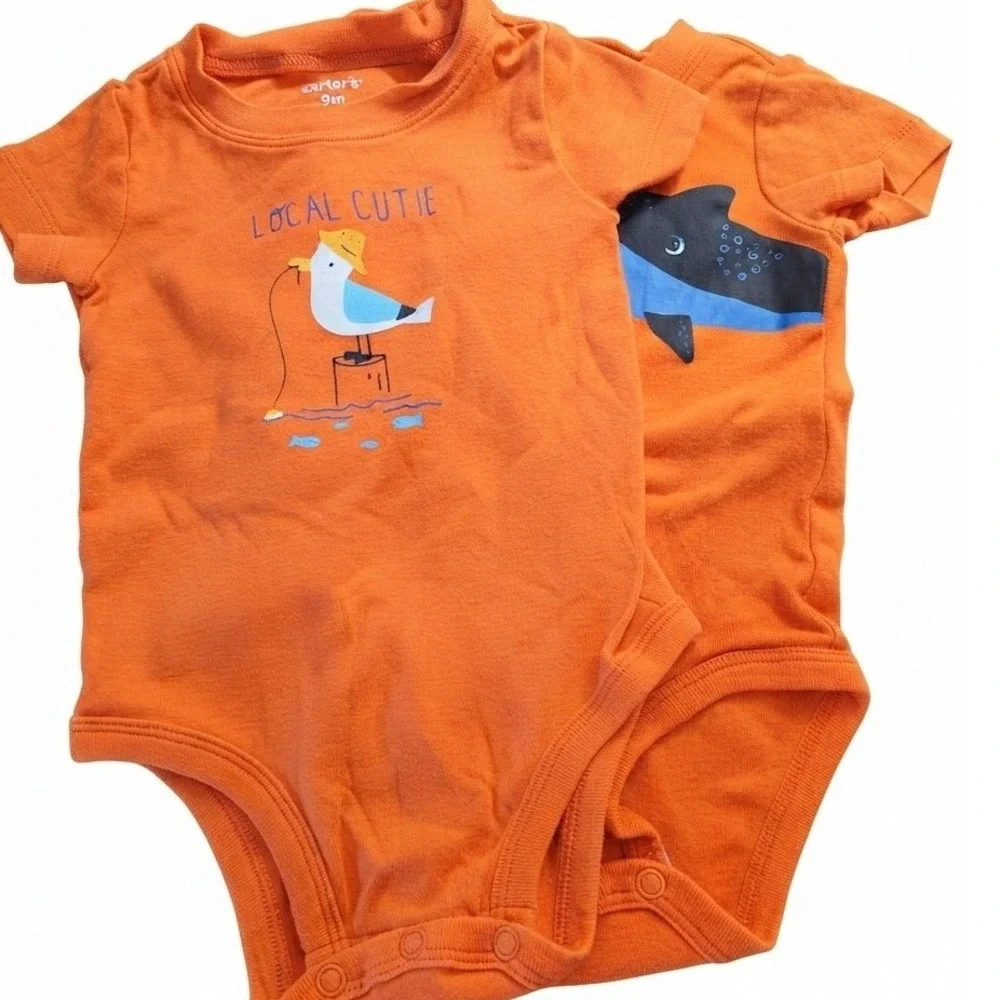 Carters Baby Boy shark lovers 4 Piece Set 9M Orange Shark Bodysuits Pants Shorts